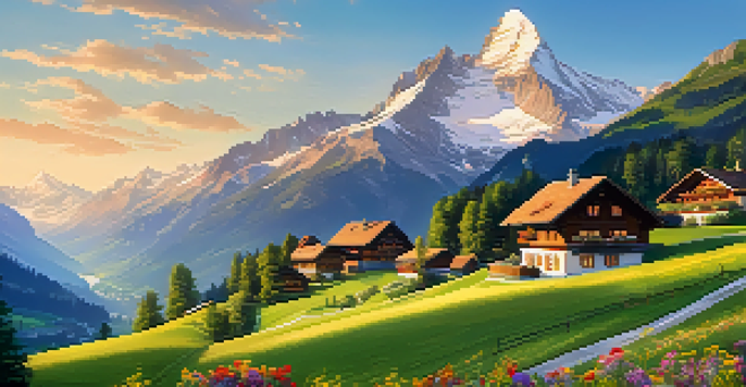 A picturesque mountain village with wooden chalets and snow-capped Alps in the background, illuminated by warm golden sunlight.
