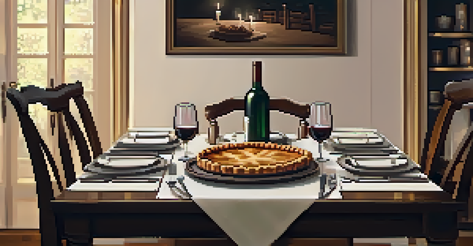 A dinner table set with a bottle of wine and a homemade pie as gifts, illuminated by warm candlelight.