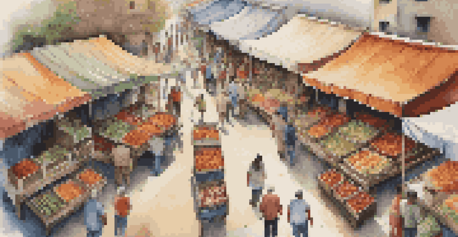 Aerial view of a vibrant market filled with colorful stalls and busy shoppers.