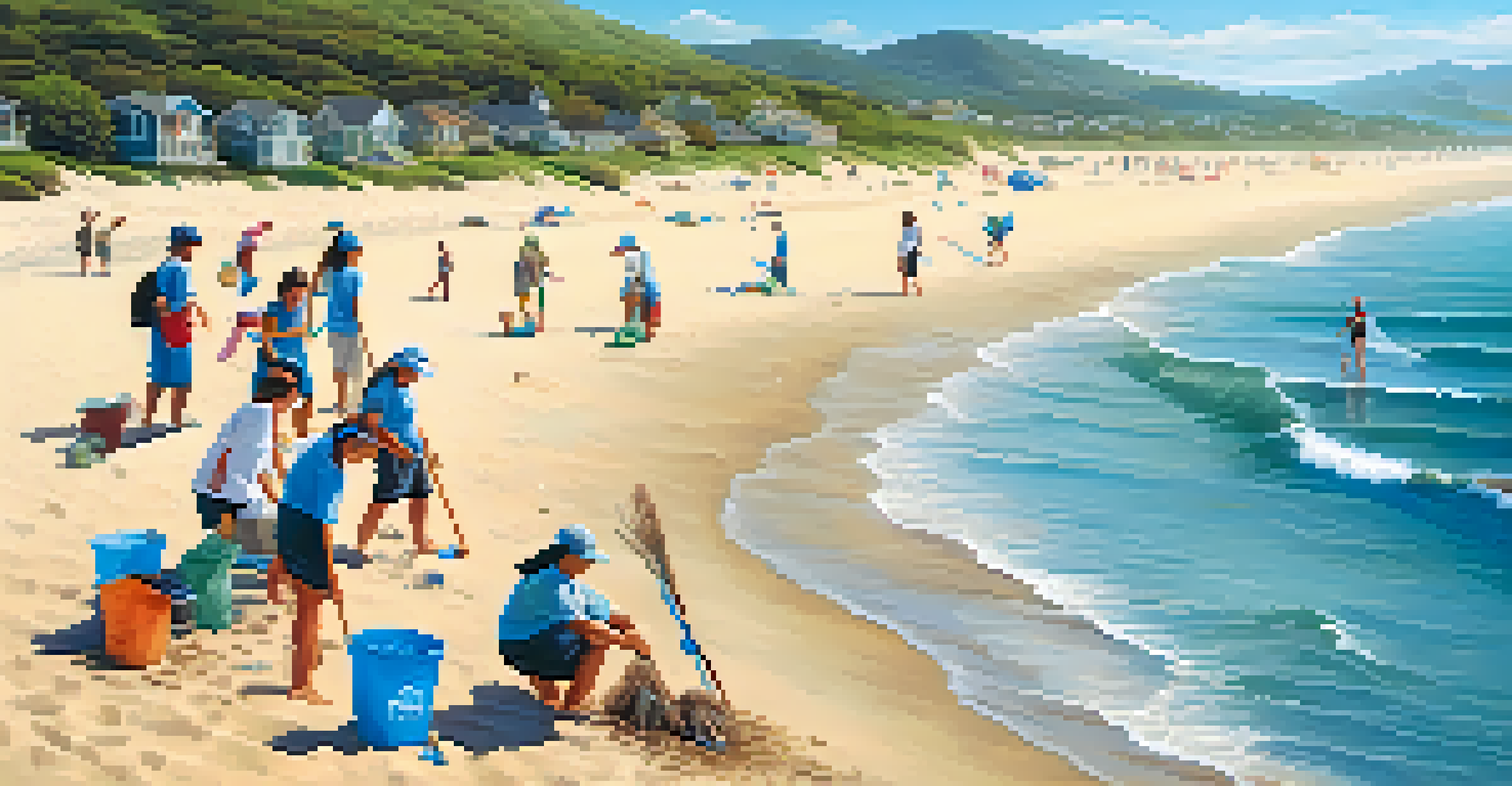 Volunteers of different ages participating in a beach cleanup along a sandy coastline under a bright blue sky.