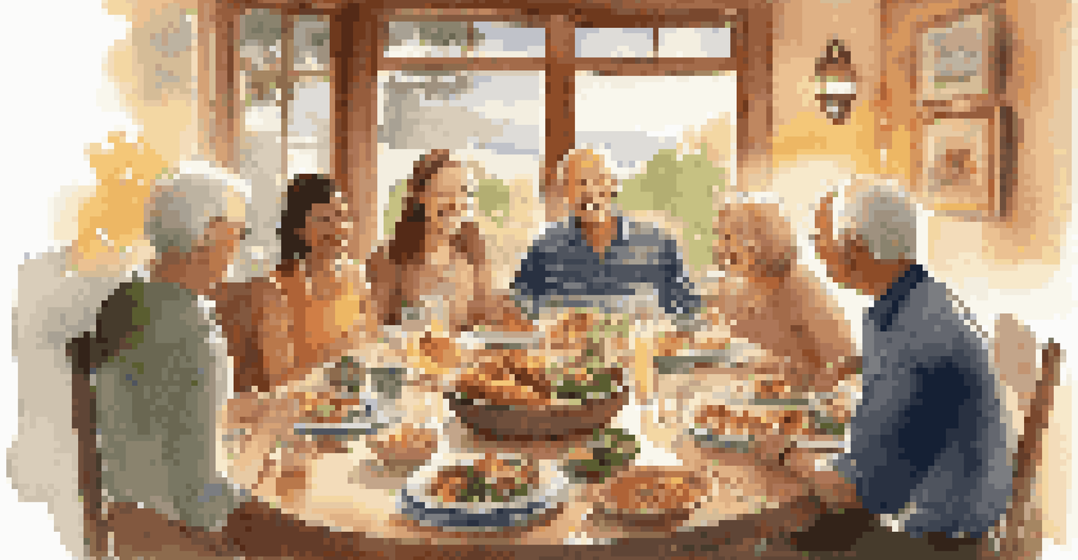 A multi-generational family enjoys a warm dinner in a vacation rental, sharing food and stories around a large table with a scenic view.