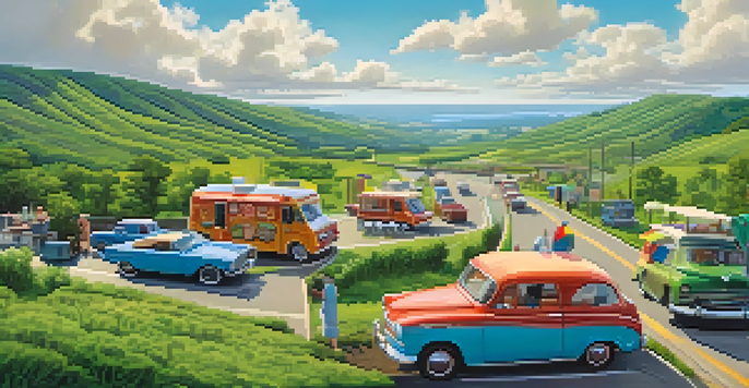 A vintage car parked near food trucks on a winding highway amidst green hills under a blue sky.