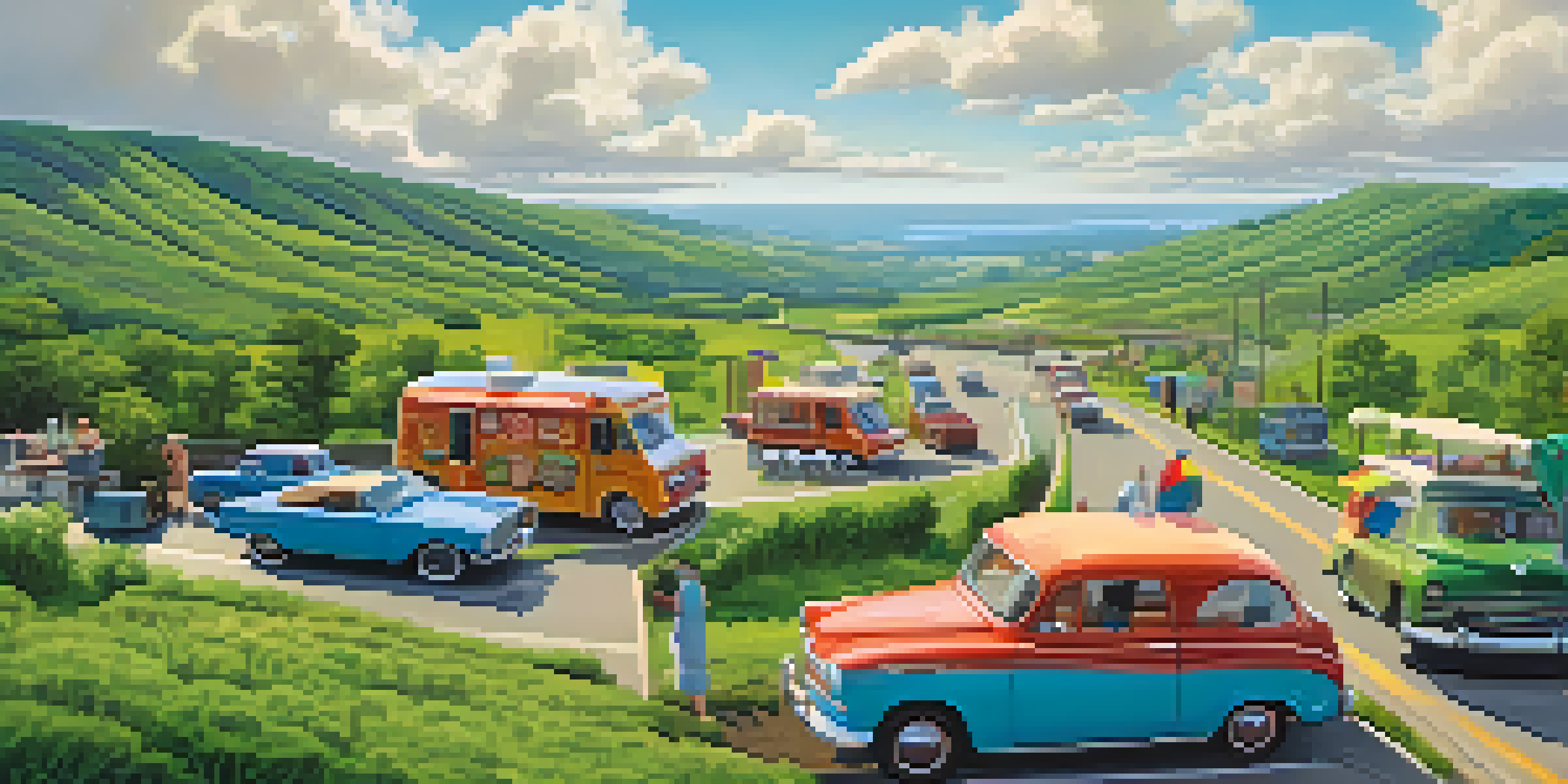 A vintage car parked near food trucks on a winding highway amidst green hills under a blue sky.