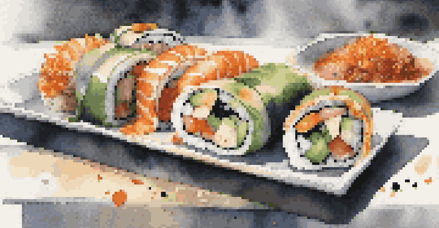A fusion sushi burrito filled with colorful ingredients, set against a modern urban backdrop.