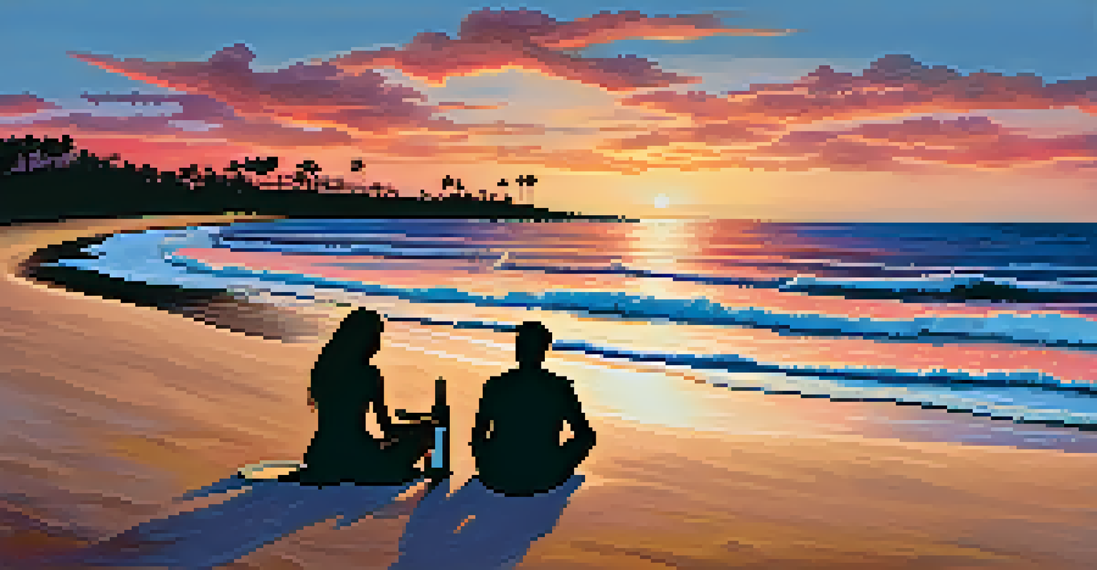 A couple enjoying a picnic on the beach at sunset, with vibrant colors in the sky and gentle waves.