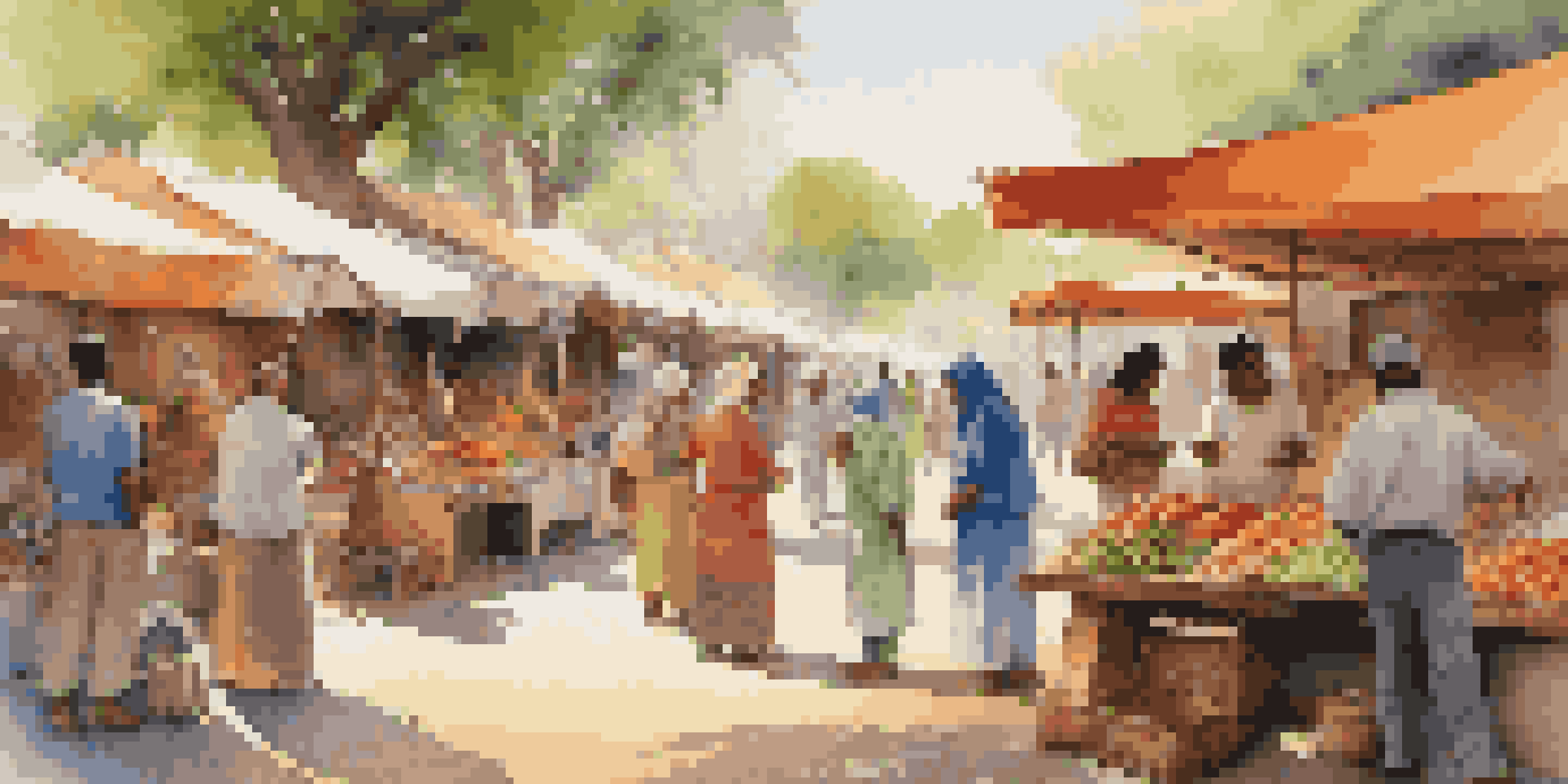 A lively open-air market scene with diverse individuals interacting with local artisans, colorful stalls filled with crafts and food, and dappled sunlight creating a warm atmosphere.