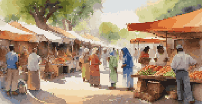 A lively open-air market scene with diverse individuals interacting with local artisans, colorful stalls filled with crafts and food, and dappled sunlight creating a warm atmosphere.