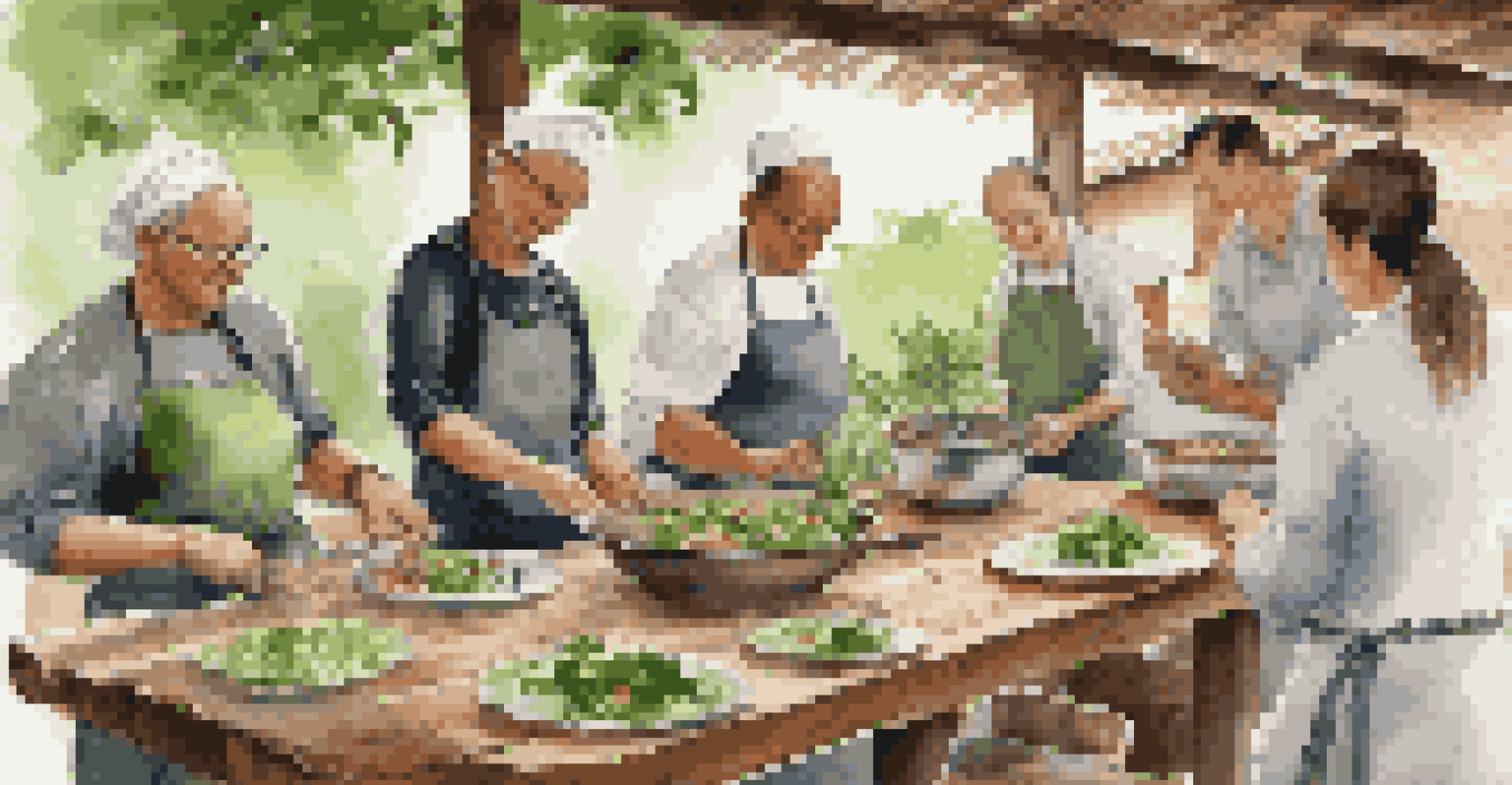 Participants in an outdoor cooking class with a local chef, preparing traditional dishes surrounded by greenery.