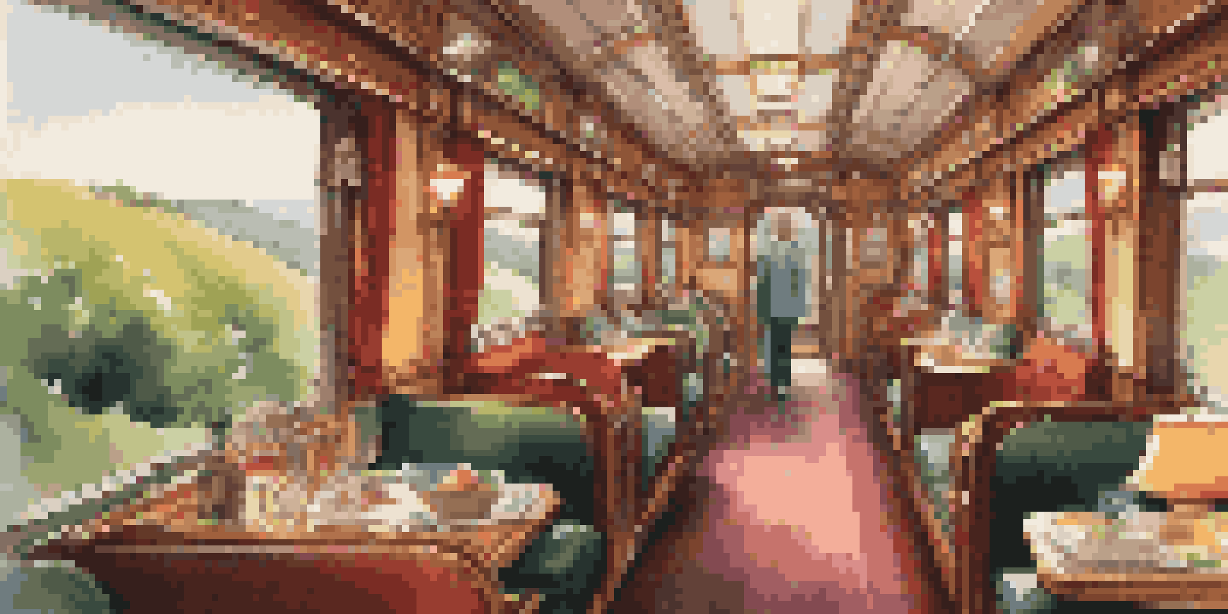 A cozy train carriage interior with passengers, soft lighting, and scenic views of hills and greenery outside the window.