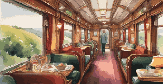A cozy train carriage interior with passengers, soft lighting, and scenic views of hills and greenery outside the window.