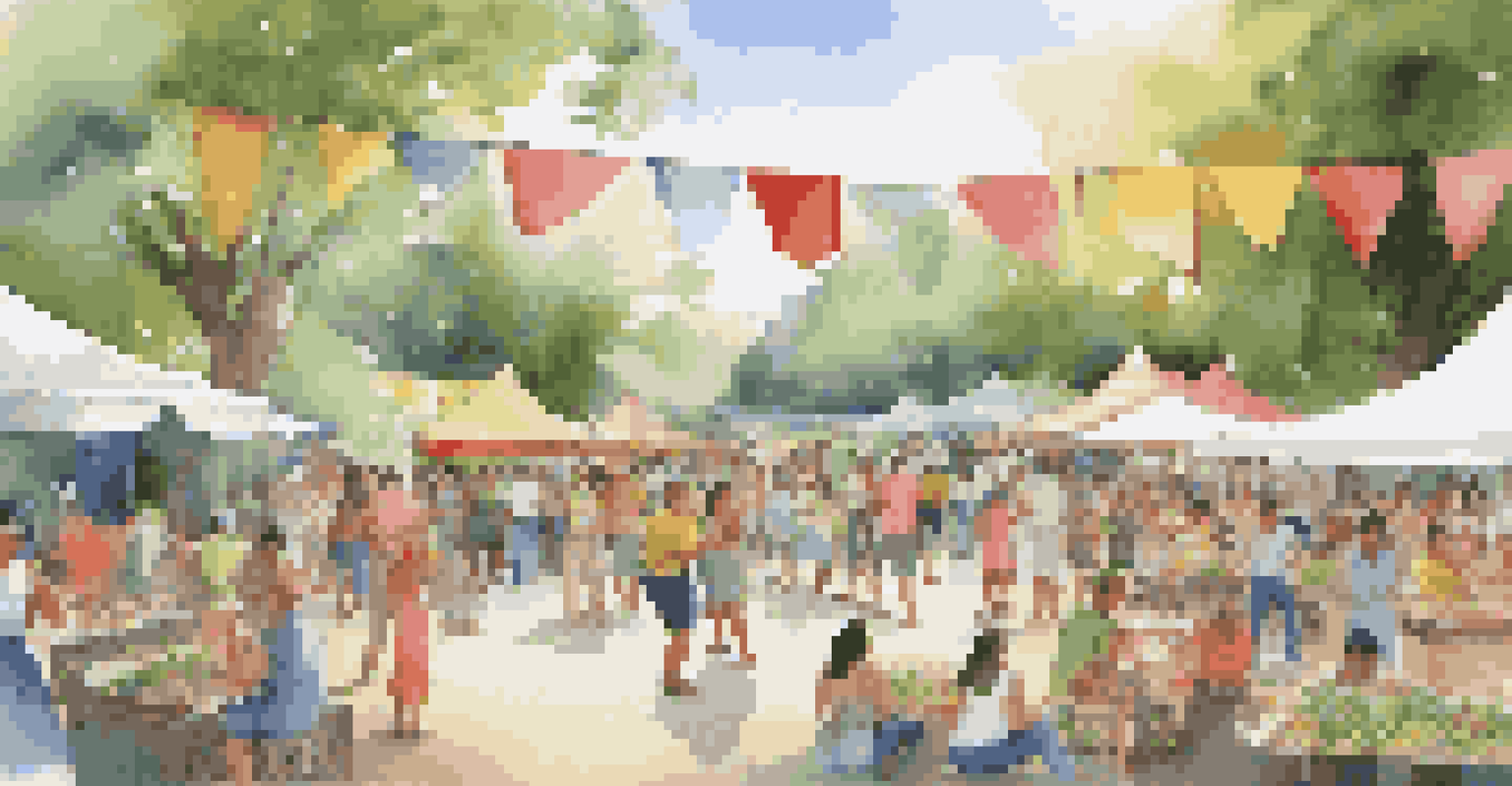 A vibrant community event in a park with people enjoying food and activities.