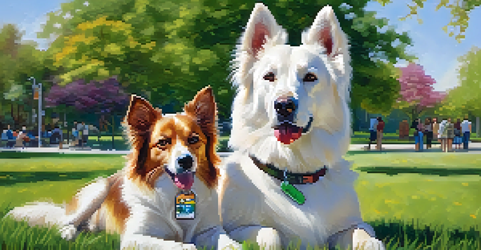 A person and a dog in a park, with the person checking a travel kit containing pet identification information.