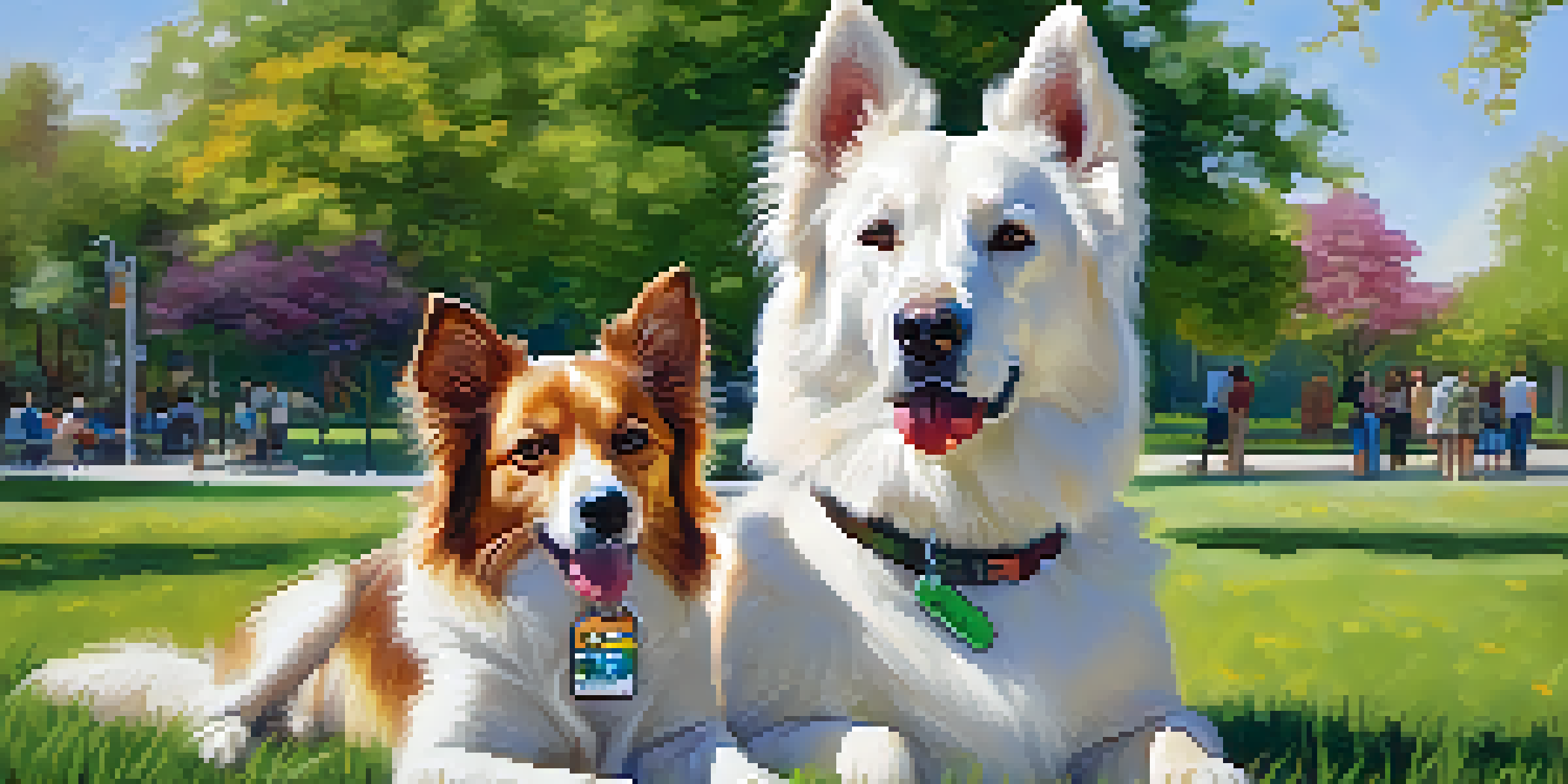 A person and a dog in a park, with the person checking a travel kit containing pet identification information.