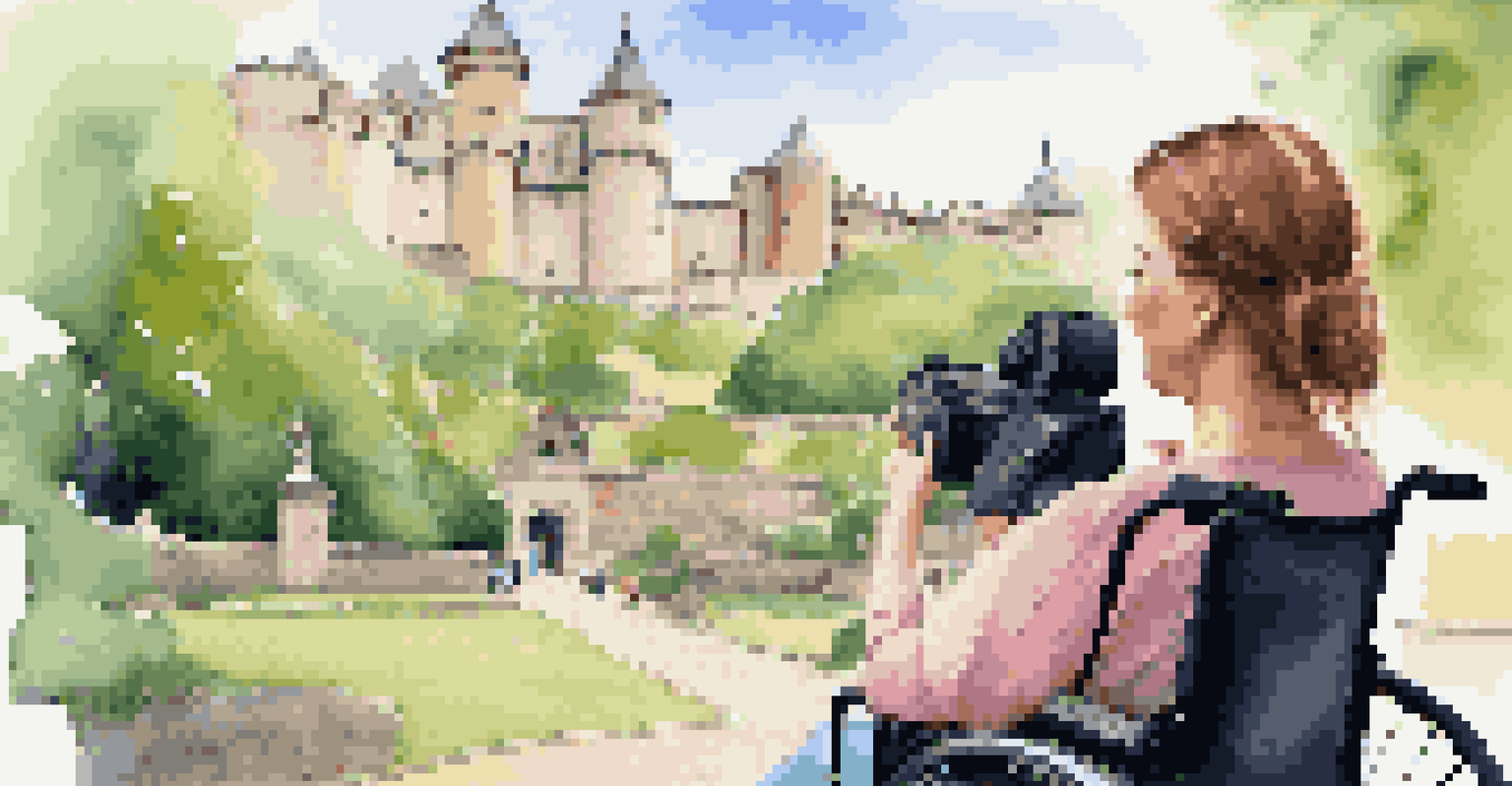 A travel influencer in front of a historic, wheelchair-accessible castle, smiling and filming for a live stream.