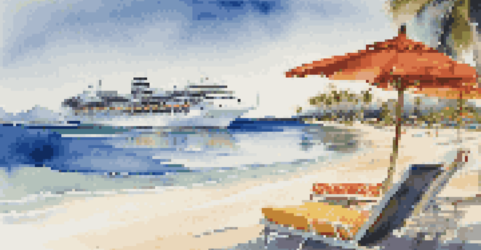 A tropical beach with a cruise ship in the background, colorful umbrellas, and palm trees under a bright sun.
