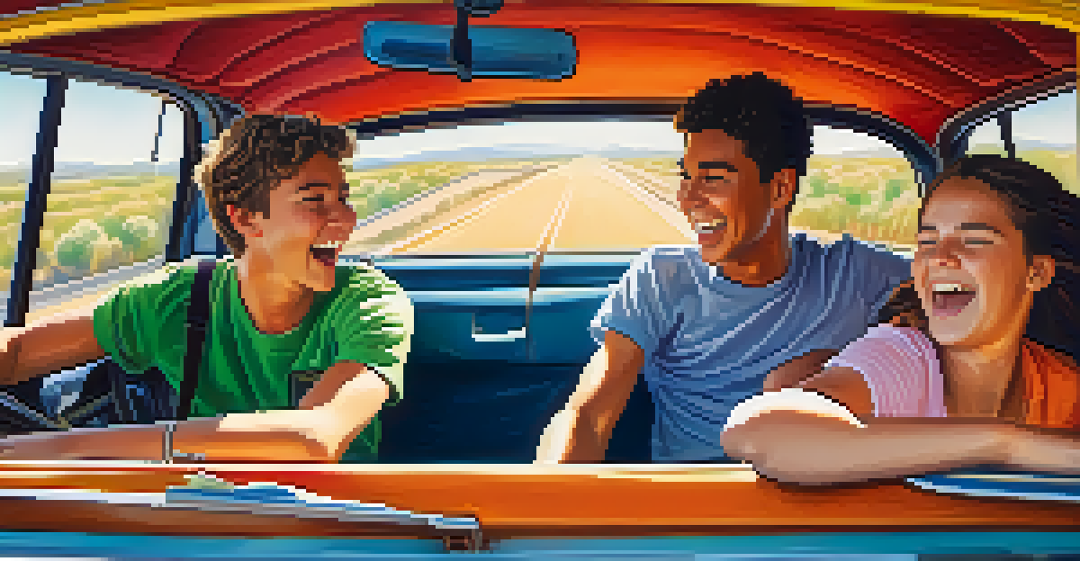 Teenagers playing Heads Up! in a car, laughing and enjoying their road trip.