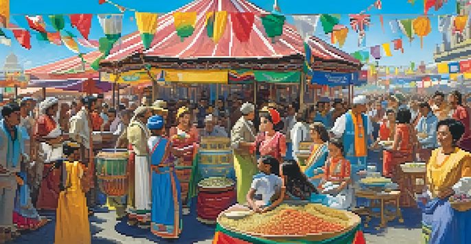 A lively multicultural festival with people from various backgrounds enjoying traditional performances and international food.