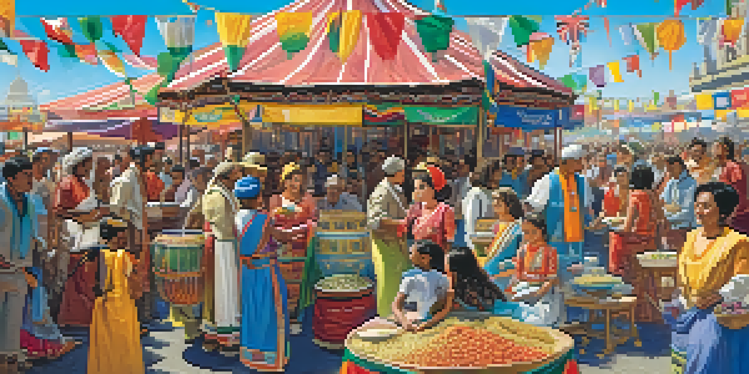 A lively multicultural festival with people from various backgrounds enjoying traditional performances and international food.