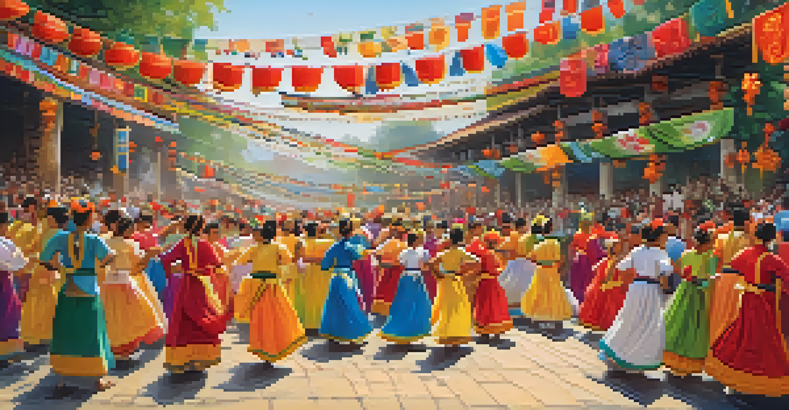 A festive scene with people in traditional attire dancing, surrounded by colorful decorations and expressions of joy.