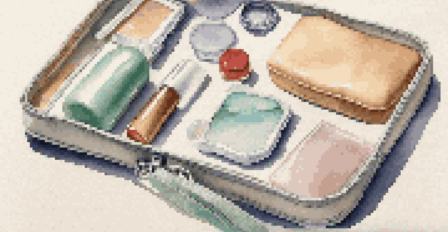 A travel-sized toiletries kit with solid products arranged on a textured fabric.