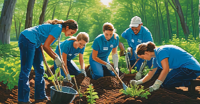 Volunteers planting trees in a green environment with sunlight filtering through leaves.