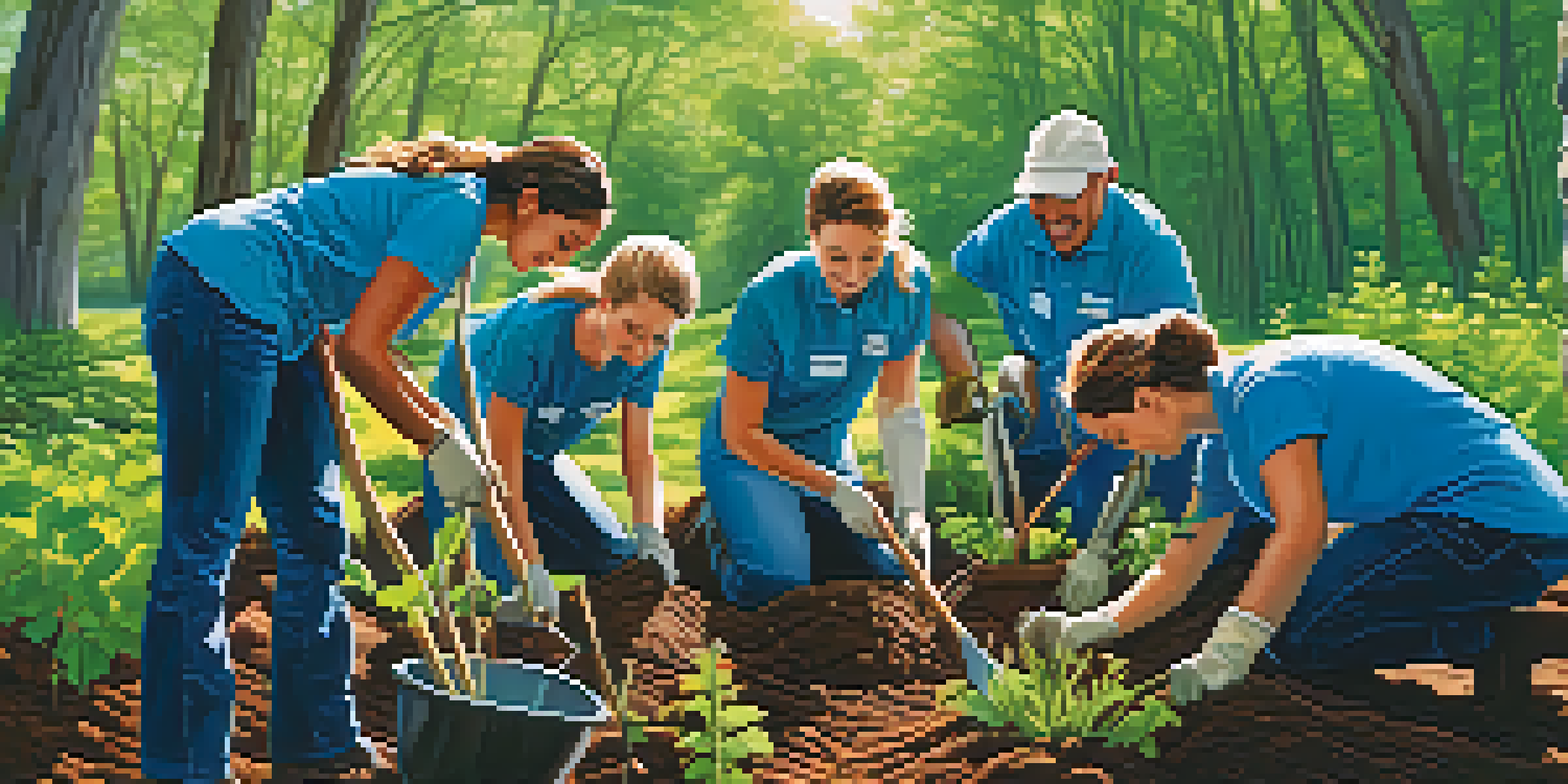 Volunteers planting trees in a green environment with sunlight filtering through leaves.