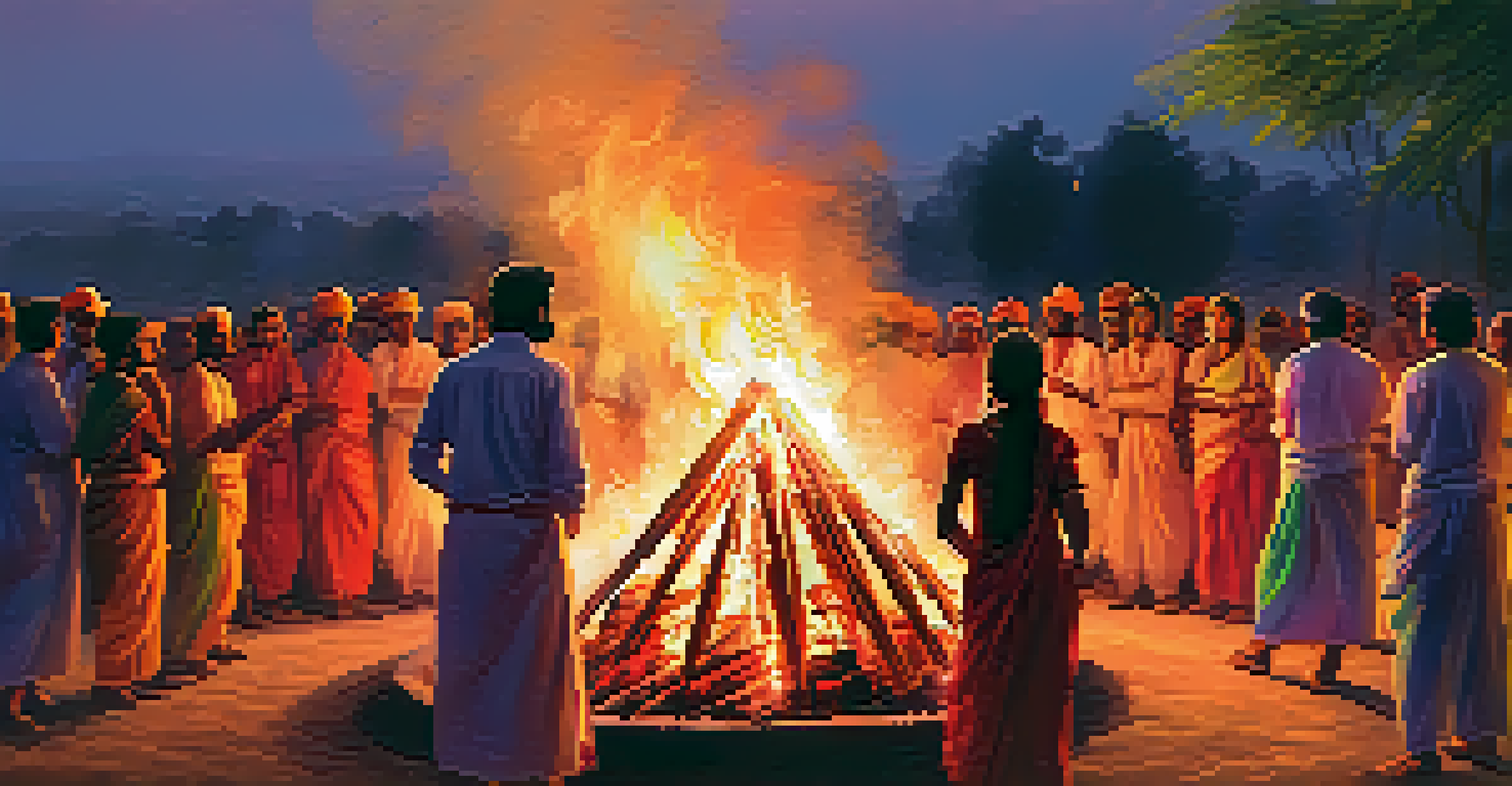 A warm bonfire during Holika Dahan with people dancing and singing around it, set against a twilight sky.