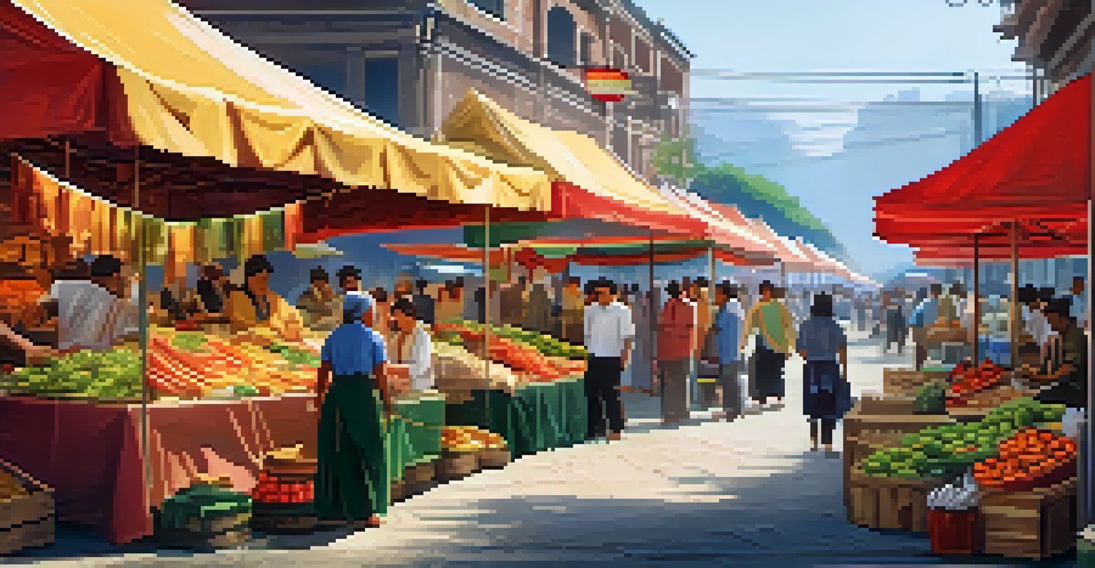 A busy street market filled with local food and crafts, featuring diverse people enjoying the lively ambiance and colorful decorations.