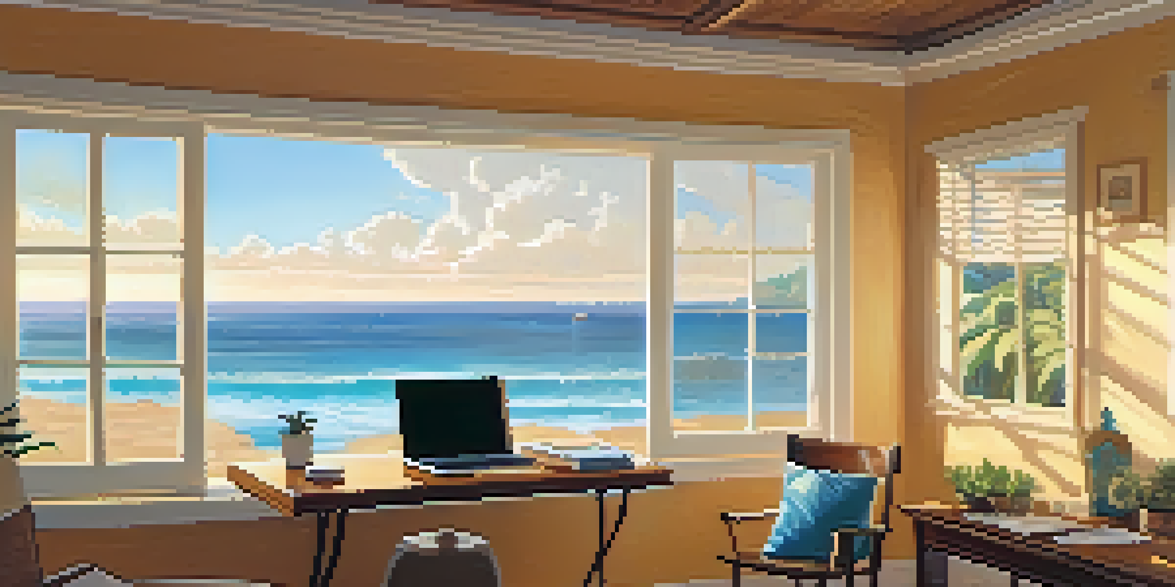 A cozy beach house workspace with a laptop, coffee, and a tropical view through the window.