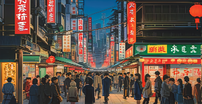 A colorful street in Tokyo filled with people, neon lights, and traditional lanterns, reflecting the blend of modern and historic architecture.