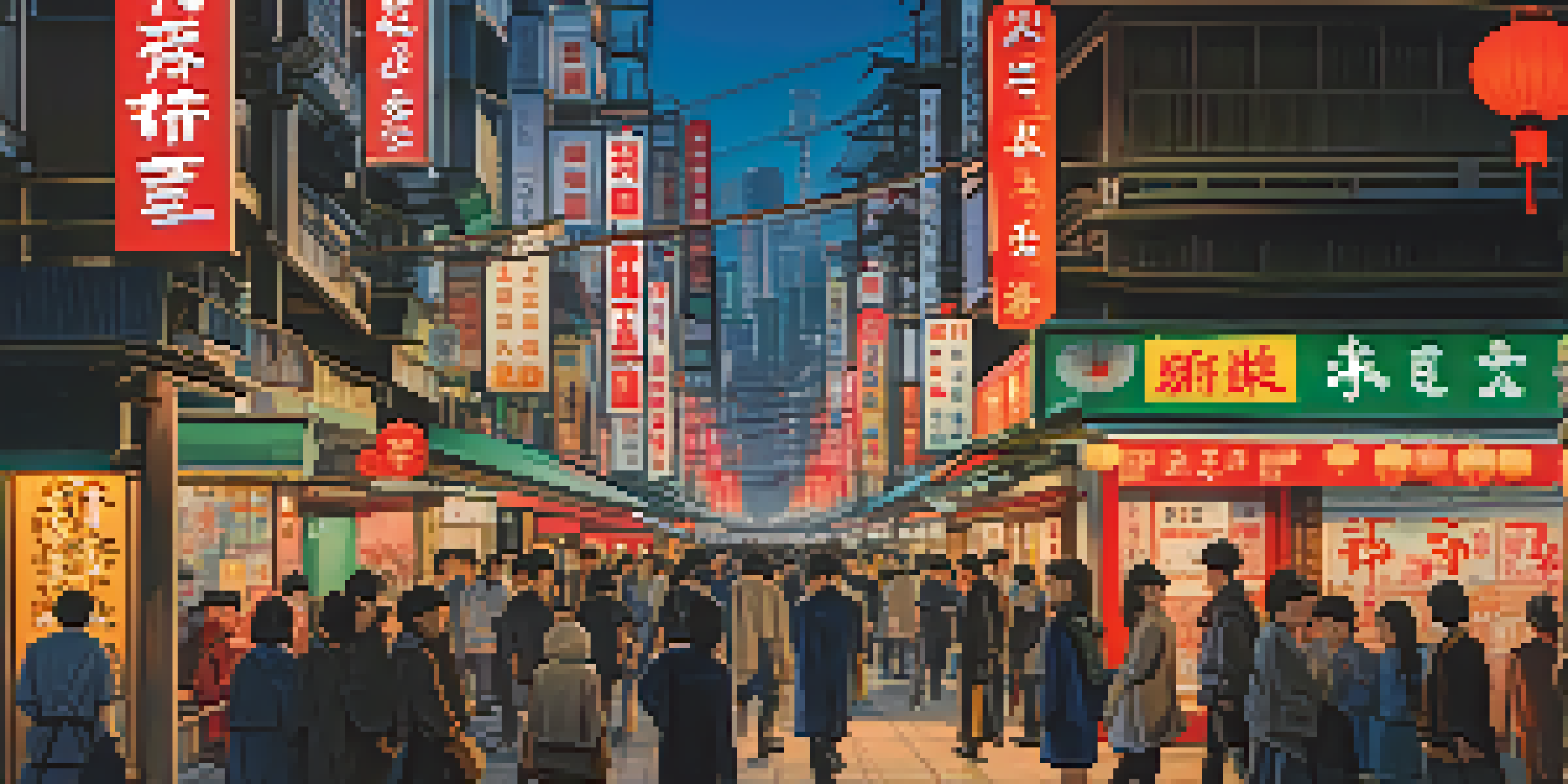 A colorful street in Tokyo filled with people, neon lights, and traditional lanterns, reflecting the blend of modern and historic architecture.