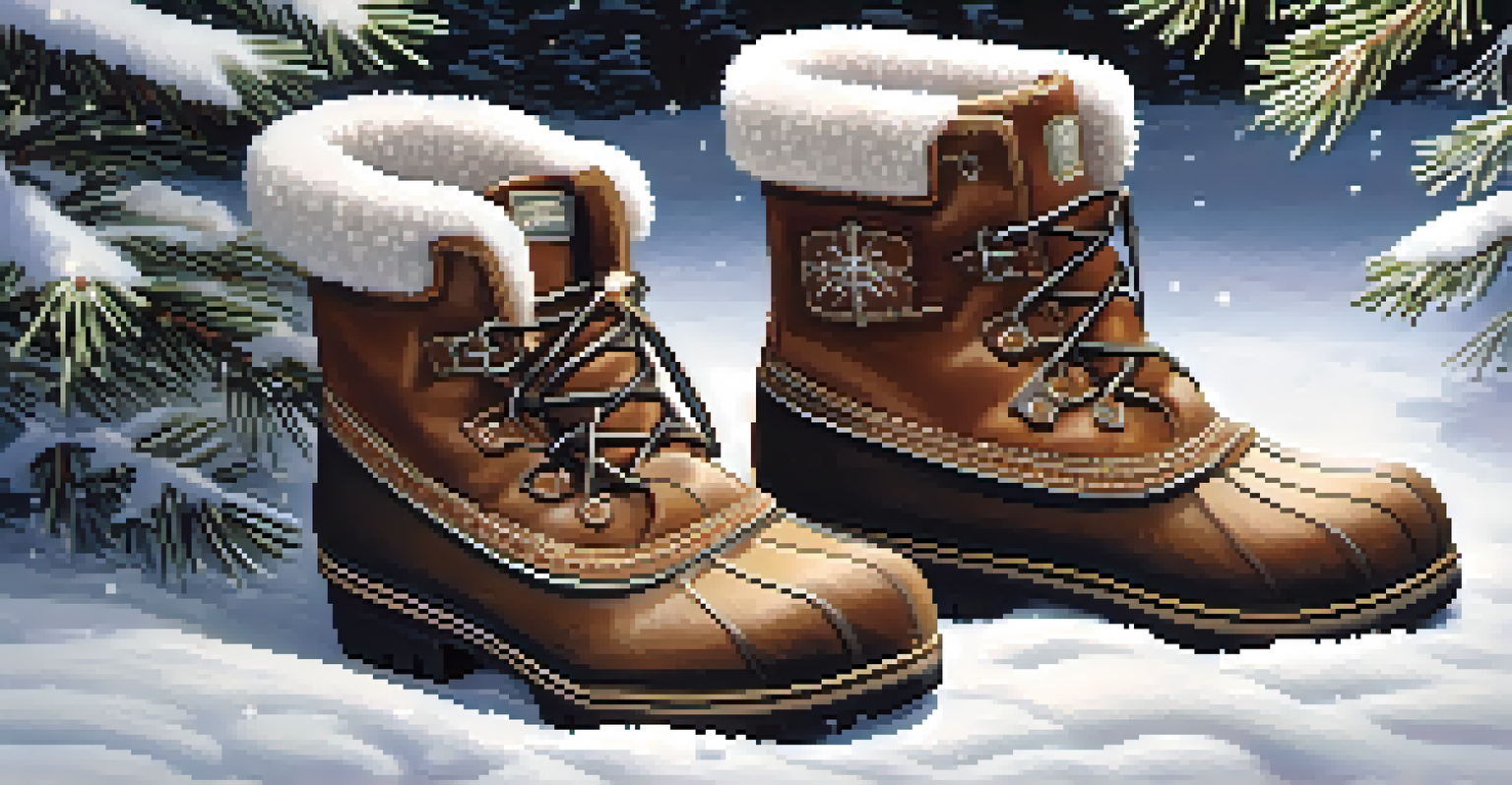 Close-up of insulated waterproof boots on snow, with pine needles and snowflakes around them.