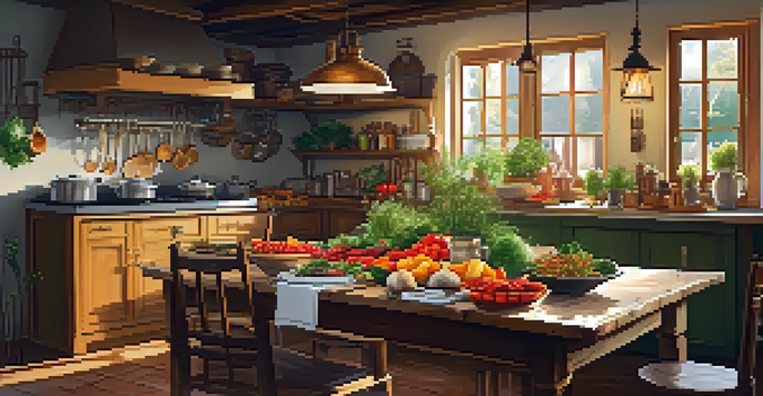 A rustic kitchen with warm lighting, a wooden table set for a meal with fresh local ingredients and traditional dishes, creating a homely atmosphere.
