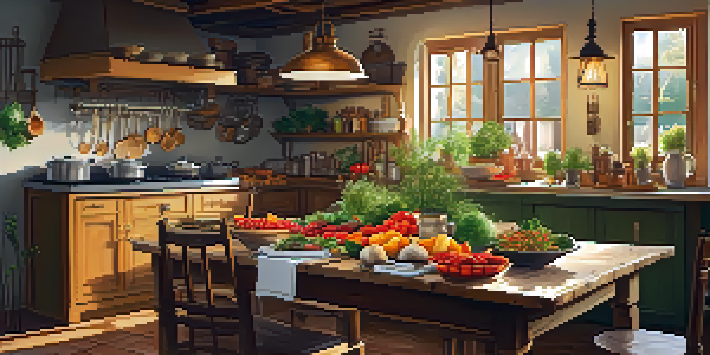 A rustic kitchen with warm lighting, a wooden table set for a meal with fresh local ingredients and traditional dishes, creating a homely atmosphere.