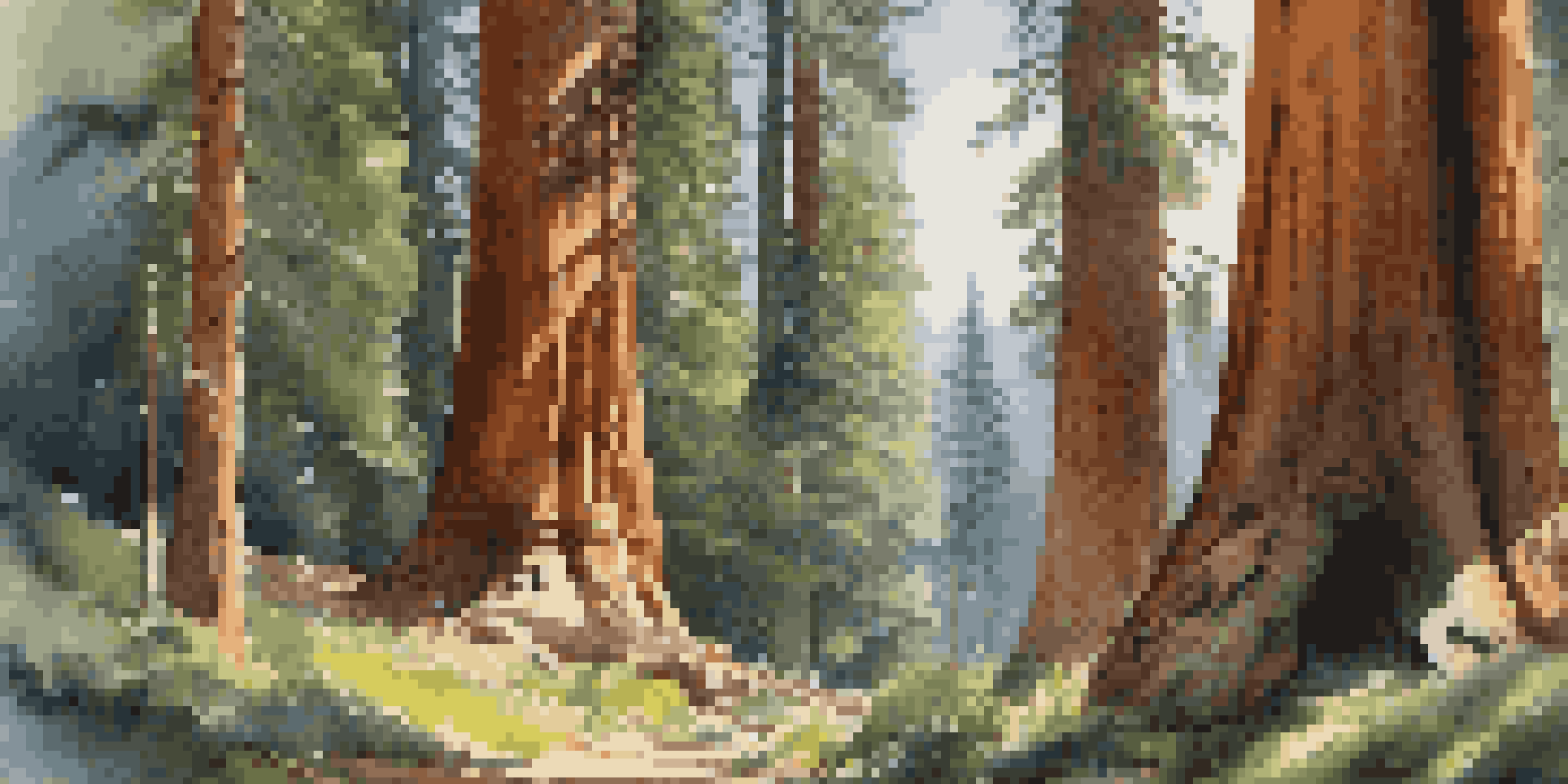 A tall sequoia tree surrounded by lush greenery and a bright blue sky, with sunlight filtering through the leaves.