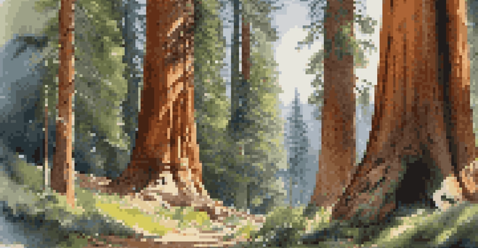 A tall sequoia tree surrounded by lush greenery and a bright blue sky, with sunlight filtering through the leaves.