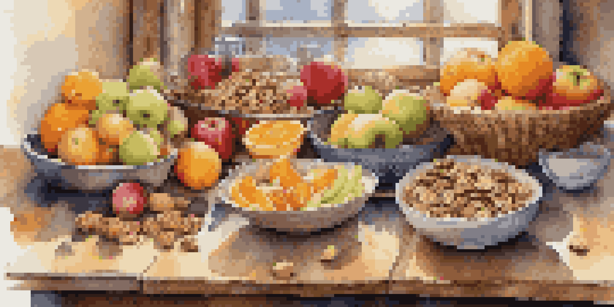 A variety of healthy snacks including fresh fruits, nuts, and granola bars on a wooden table with a travel-themed background.