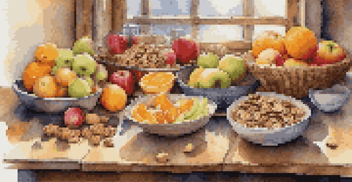A variety of healthy snacks including fresh fruits, nuts, and granola bars on a wooden table with a travel-themed background.