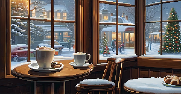 A warm and inviting winter café with hot drinks and pastries on a wooden table, snow falling outside and a small Christmas tree in the corner.