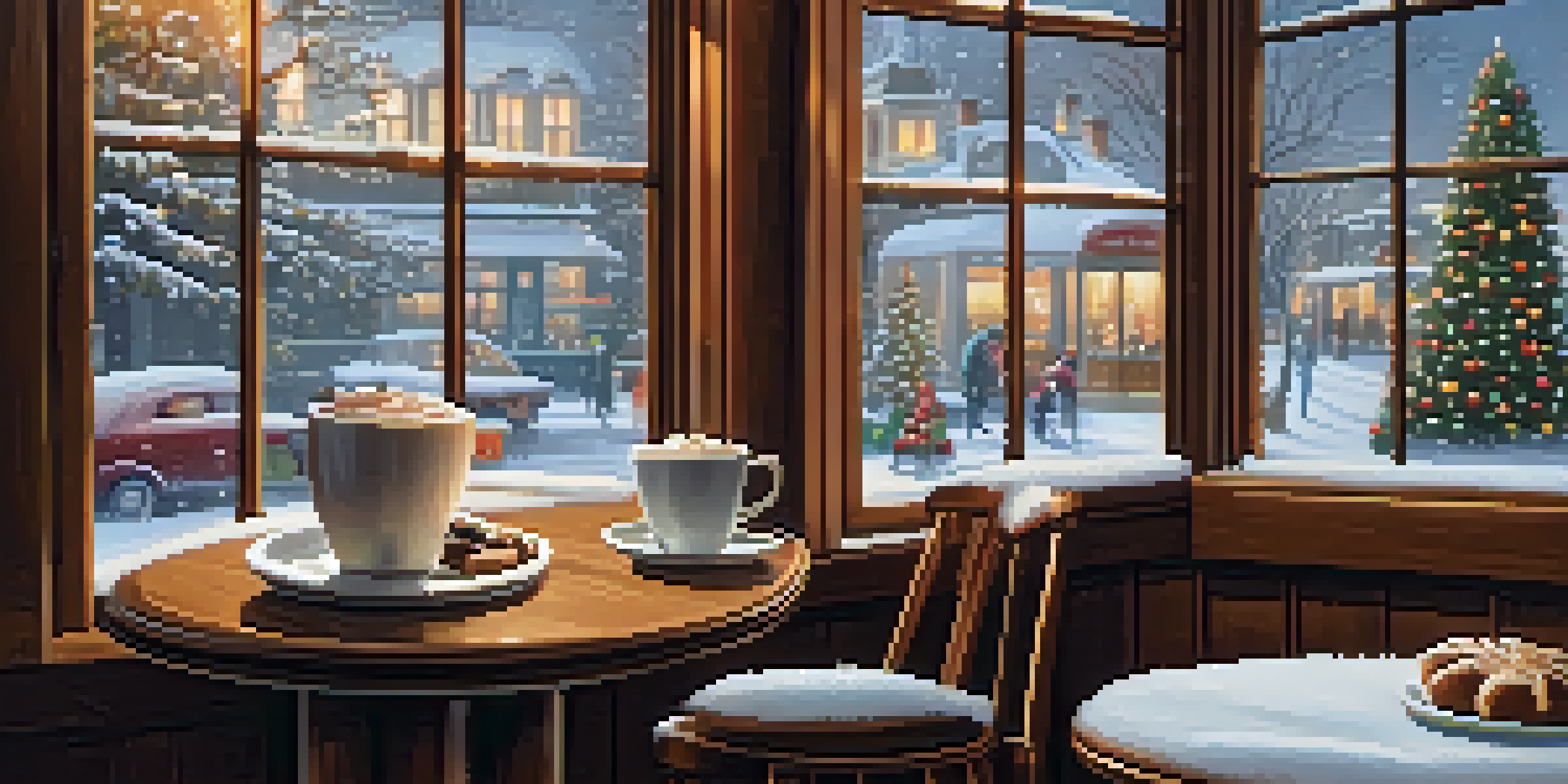 A warm and inviting winter café with hot drinks and pastries on a wooden table, snow falling outside and a small Christmas tree in the corner.