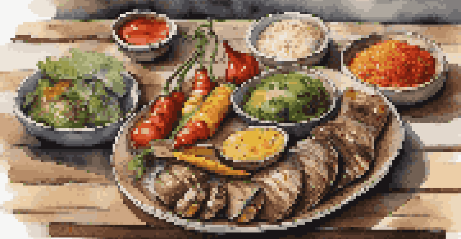 A colorful plate of local cuisine with grilled vegetables and grains, served on rustic wooden tableware under soft natural lighting.