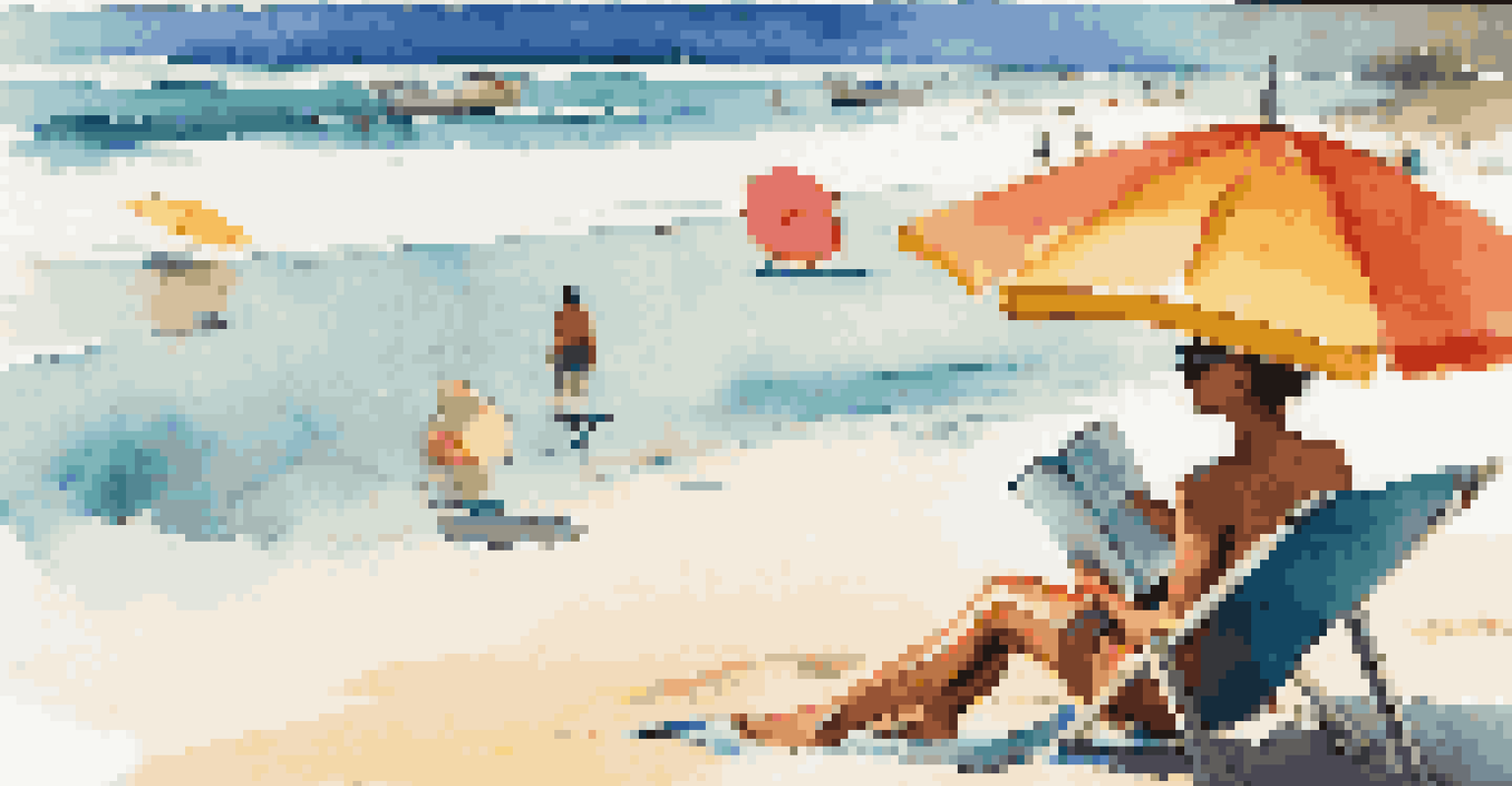 A person relaxes on a beach towel under a colorful umbrella on a sunny beach.