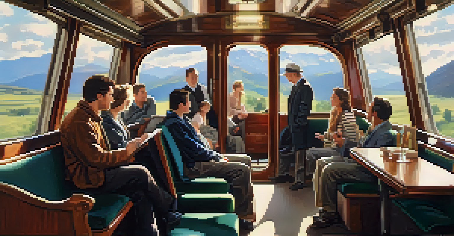 A cozy train interior with sunlight filtering through windows, passengers enjoying the scenic views.