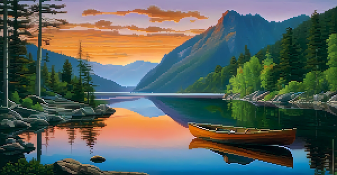 A beautiful sunset over a mountain landscape with a lake, trees, and a wooden boat.