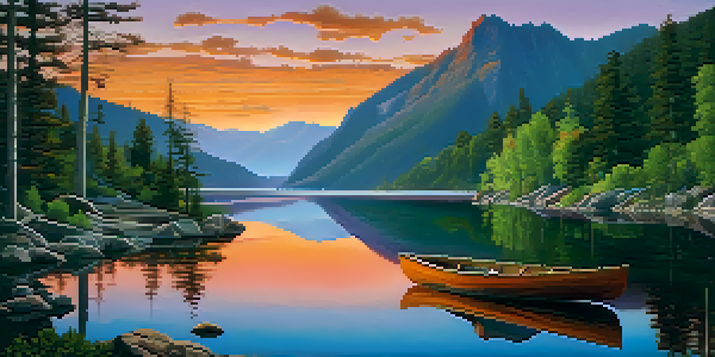 A beautiful sunset over a mountain landscape with a lake, trees, and a wooden boat.