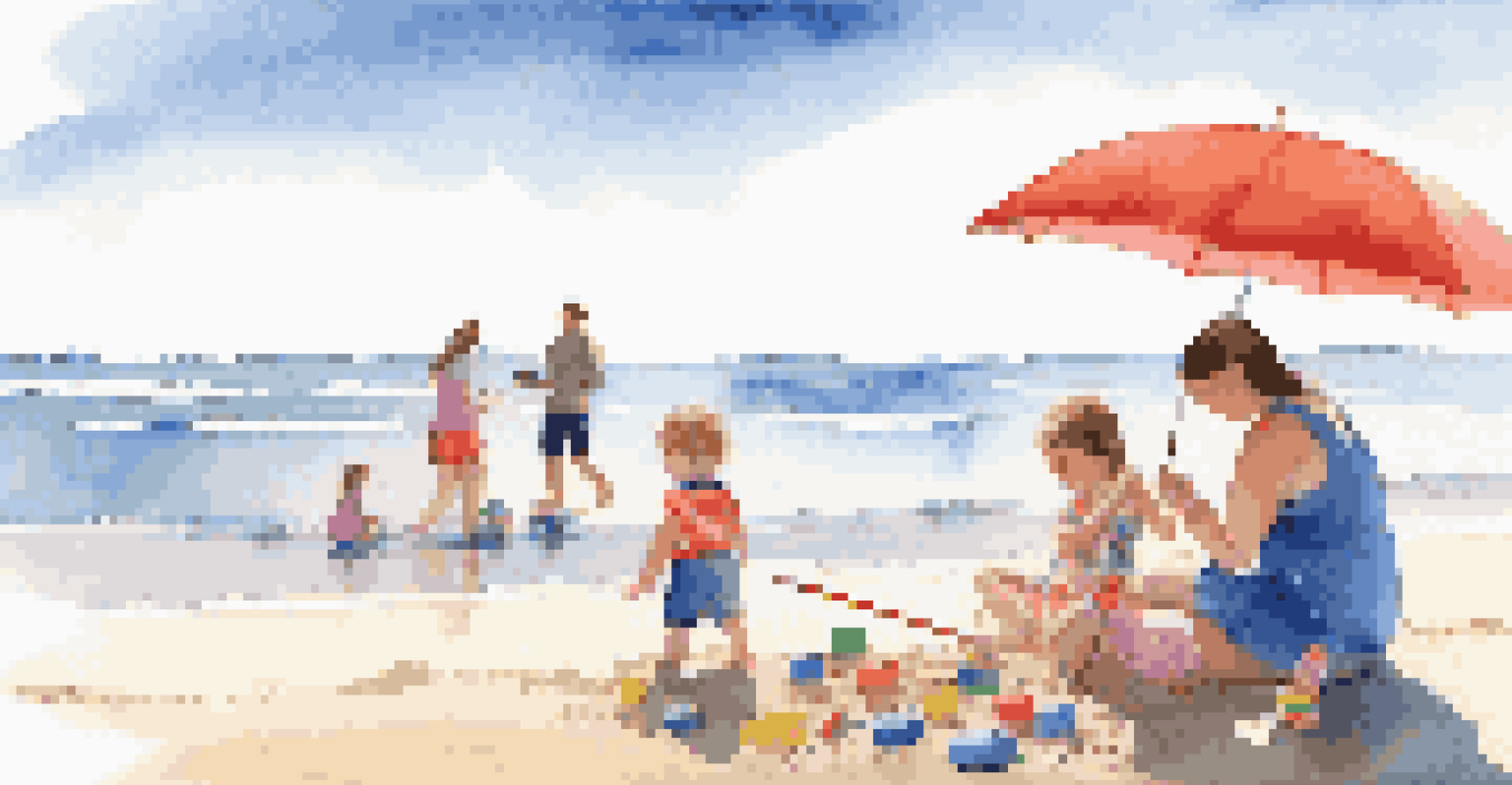 A family at the beach, with a child playing in the sand using adaptive toys, surrounded by joyful parents and a clear blue sky.