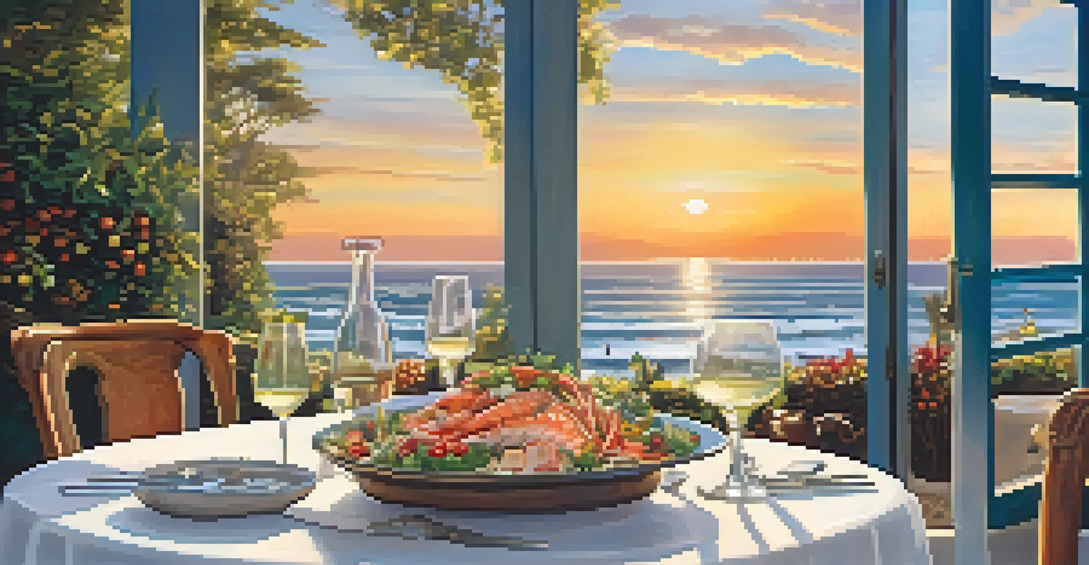 An outdoor dining table set with seafood dishes and salads, overlooking the ocean at sunset, creating a warm and inviting atmosphere.