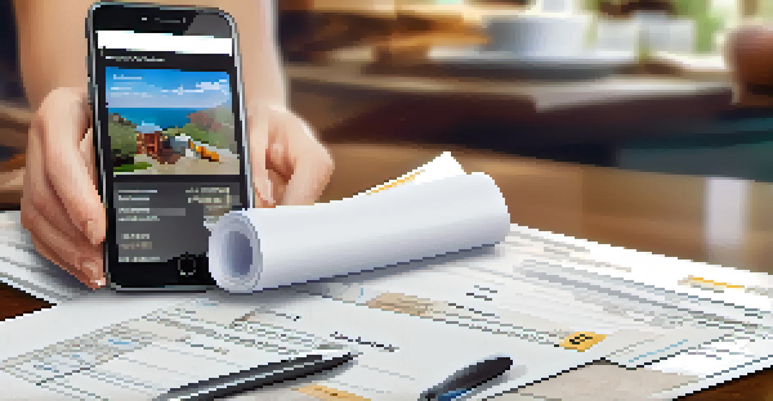 A close-up of a hand holding receipts with a smartphone app open for tracking expenses, surrounded by travel brochures.