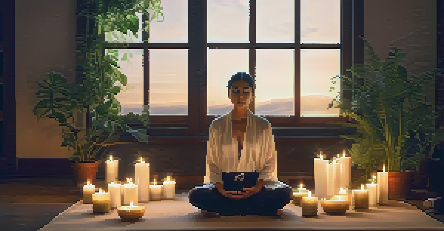 A person meditating in a peaceful room filled with candles and plants, exuding calmness.