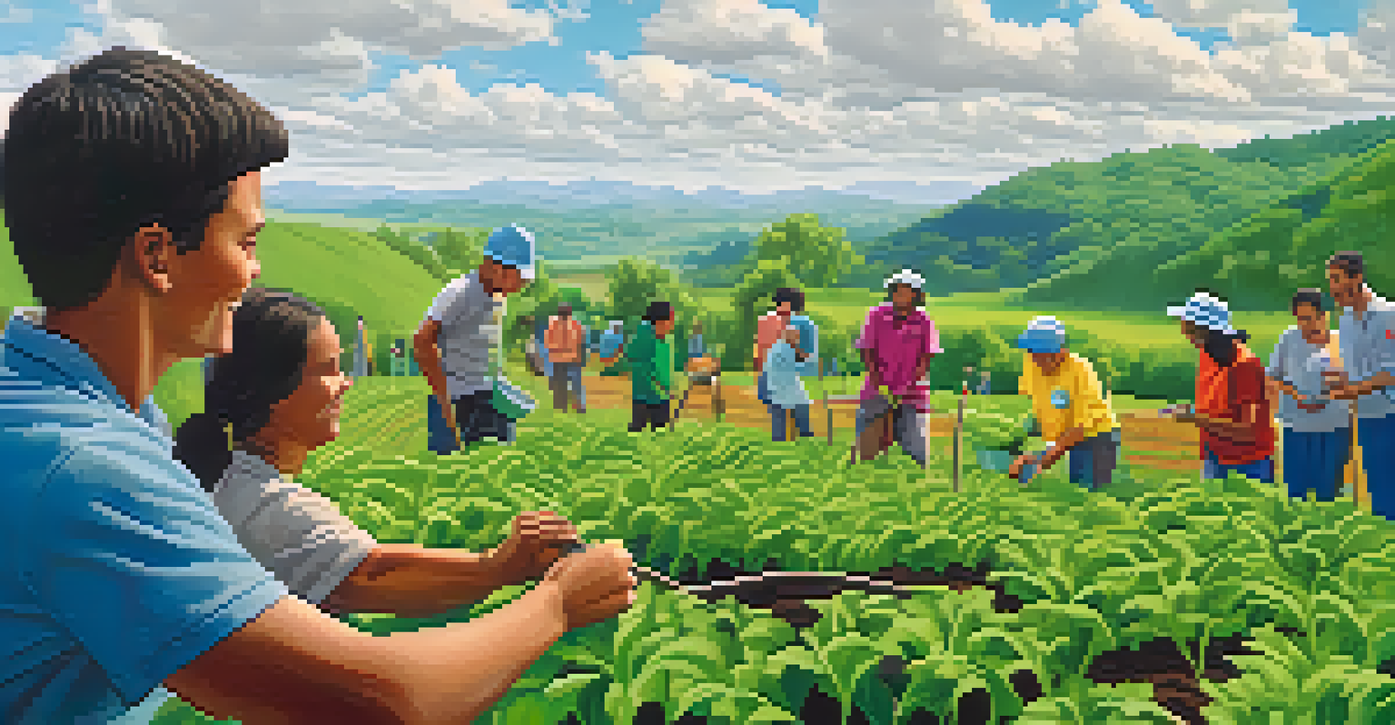 A volunteer planting trees in a green landscape, surrounded by local community members, with a clear blue sky above.
